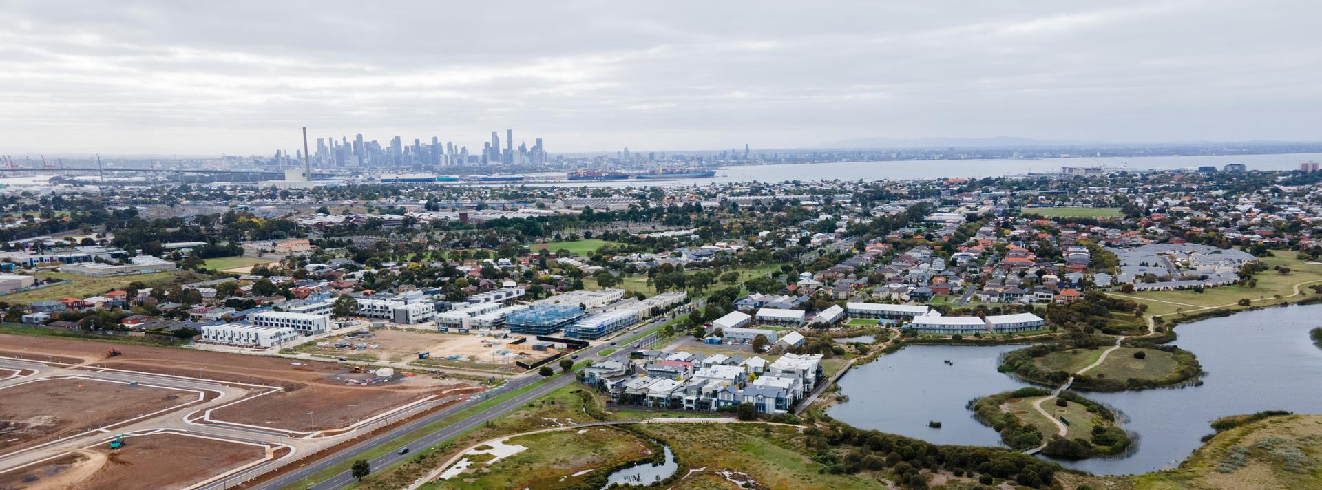 Melbourne city skyline overlooking Jawbone Conservation Reserve, Williamstown North