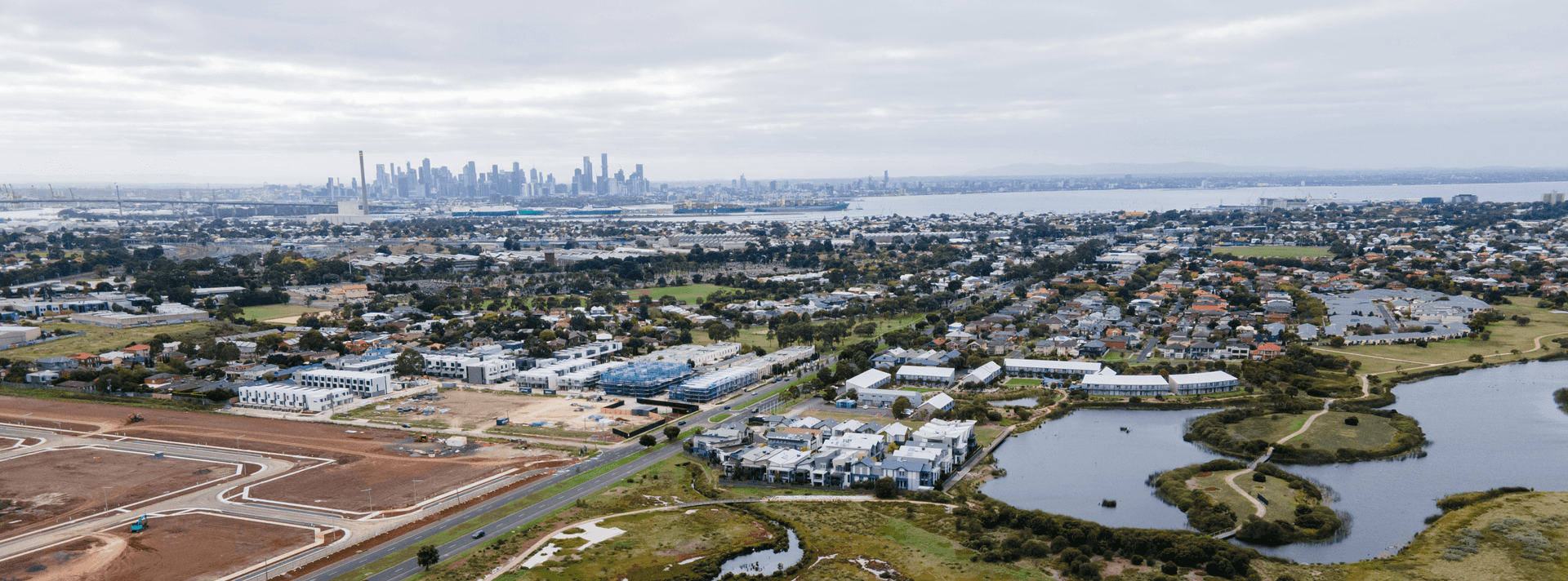 Melbourne city skyline overlooking Jawbone Conservation Reserve, Williamstown North